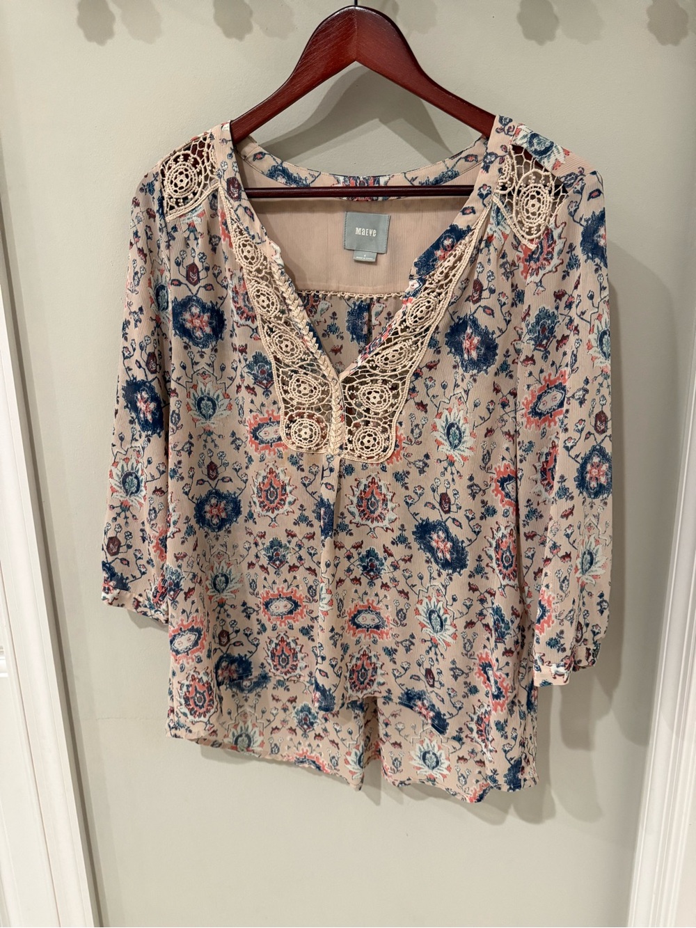 Maeve Beige Tunic with Navy and Coral Floral Print Anthropologie